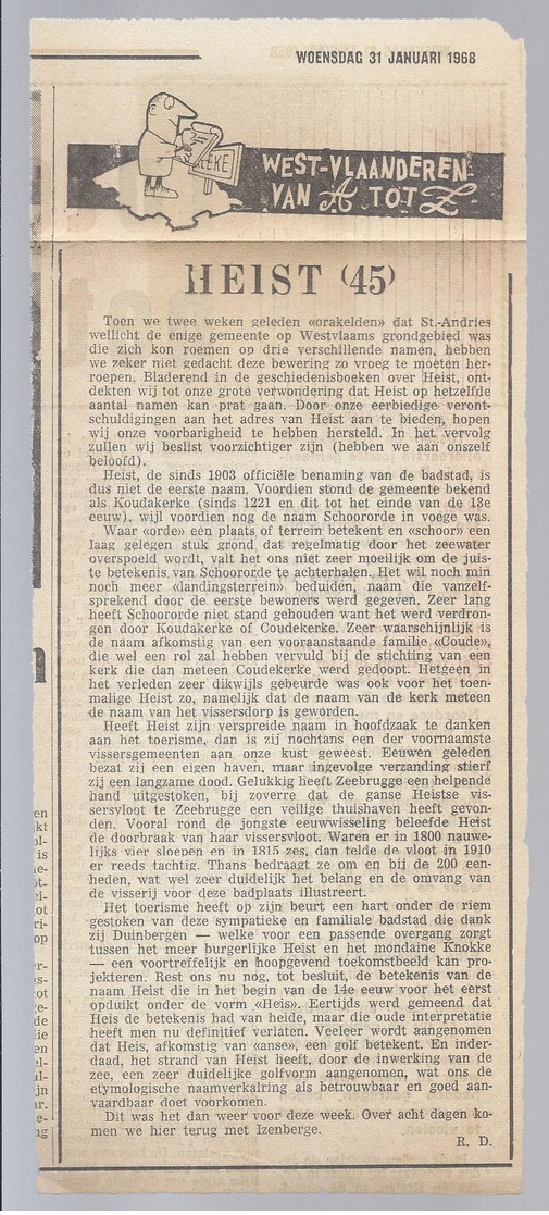 1965 KOUDEKERKE - HEIST M. COORNAERT TOPOGRAFIE... BEVAT 4 UITVOUWBARE KAARTEN - BIJGEVOEGD: KRANTEKNIPSEL 1968 - Geschiedenis