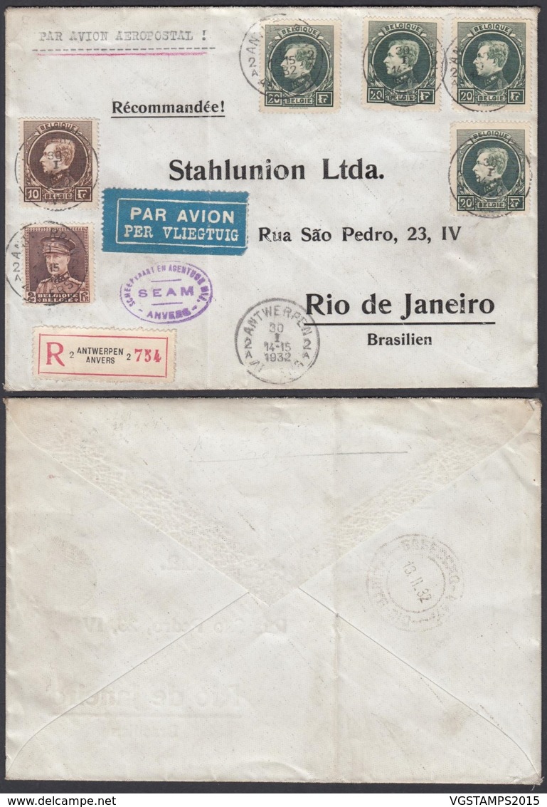 Belgique COB 289+290 X4+321 (92 Frs) Sur Lettre Recommande Par Avion De Anvers 30/01/1932 Vers Rio Bresil (DD) DC2719 - 1929-1941 Grand Montenez