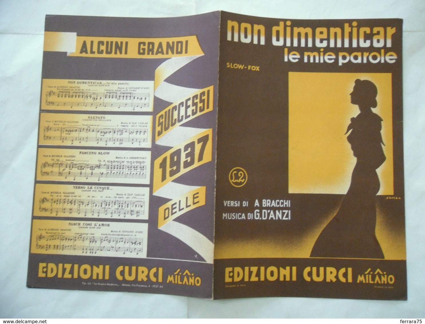 1937 SPARTITO MUSICALE NON DIMENTICAR LE MIE PAROLE D'ANZI SAMSA. - Other & Unclassified