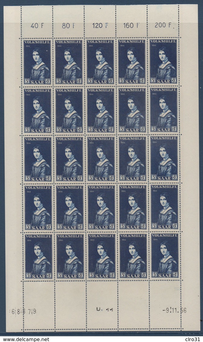 SARRE 1956 Au Profit Des œuvres Populaires N° YT 358-360 En Feuilles Complètes De 25 Ex. **MNH - Ungebraucht