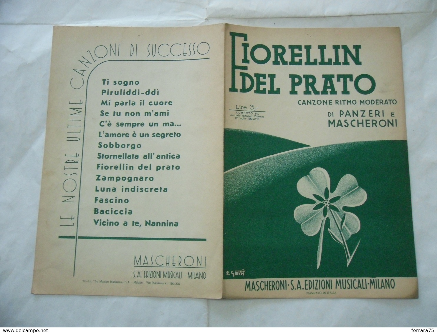 SPARTITO MUSICALE FIORELLIN DEL PRATO DI PANZERI E MASCHERONI E.GATTI. - Altri & Non Classificati