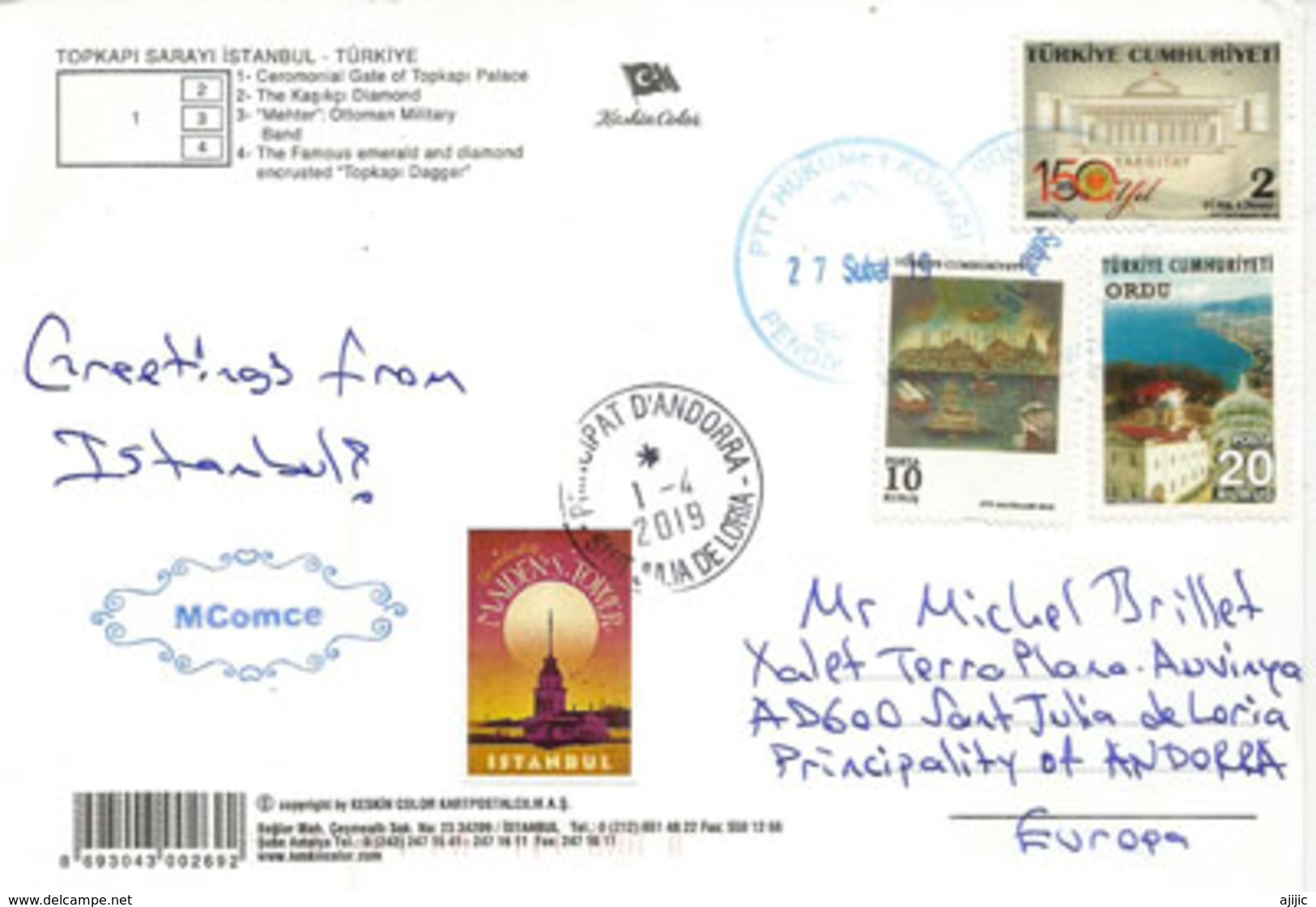 Palais Topkapi, Spoonmaker's Diamond,etc.  Carte Postale  Istanbul Adressée Andorra, Avec Timbre à Date Arrivée - Turkey