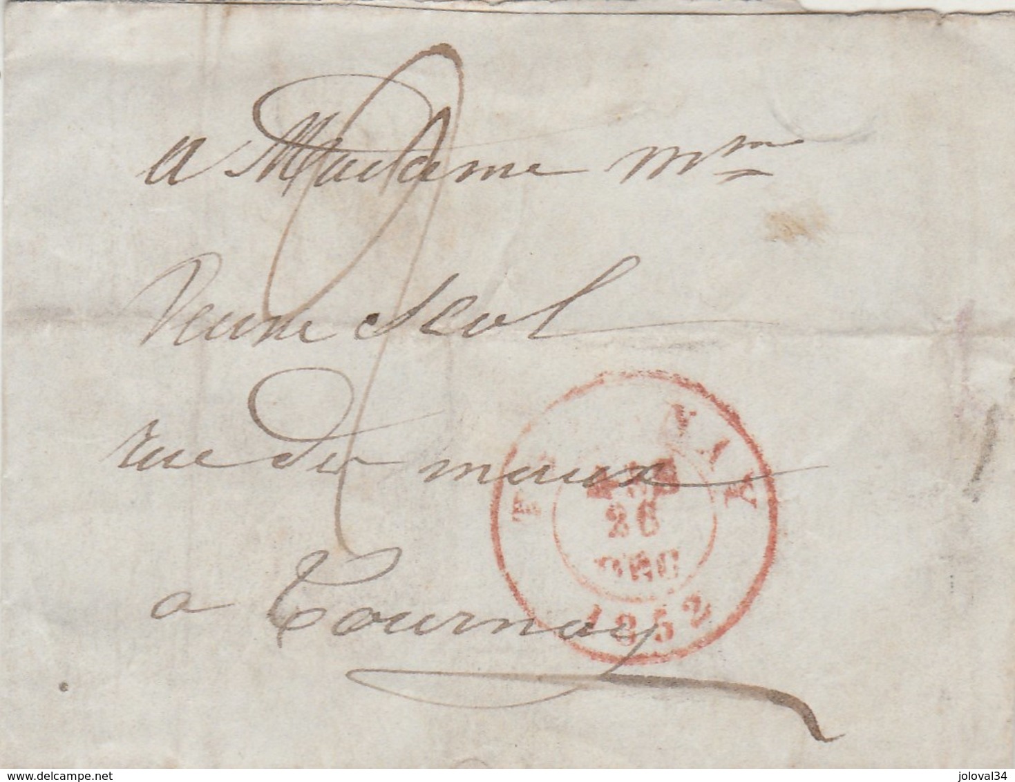 Belgique Cachet TOURNAY 26/12/1852 Sur Bande Journal Taxe Manuscrite Pour EV - Other & Unclassified