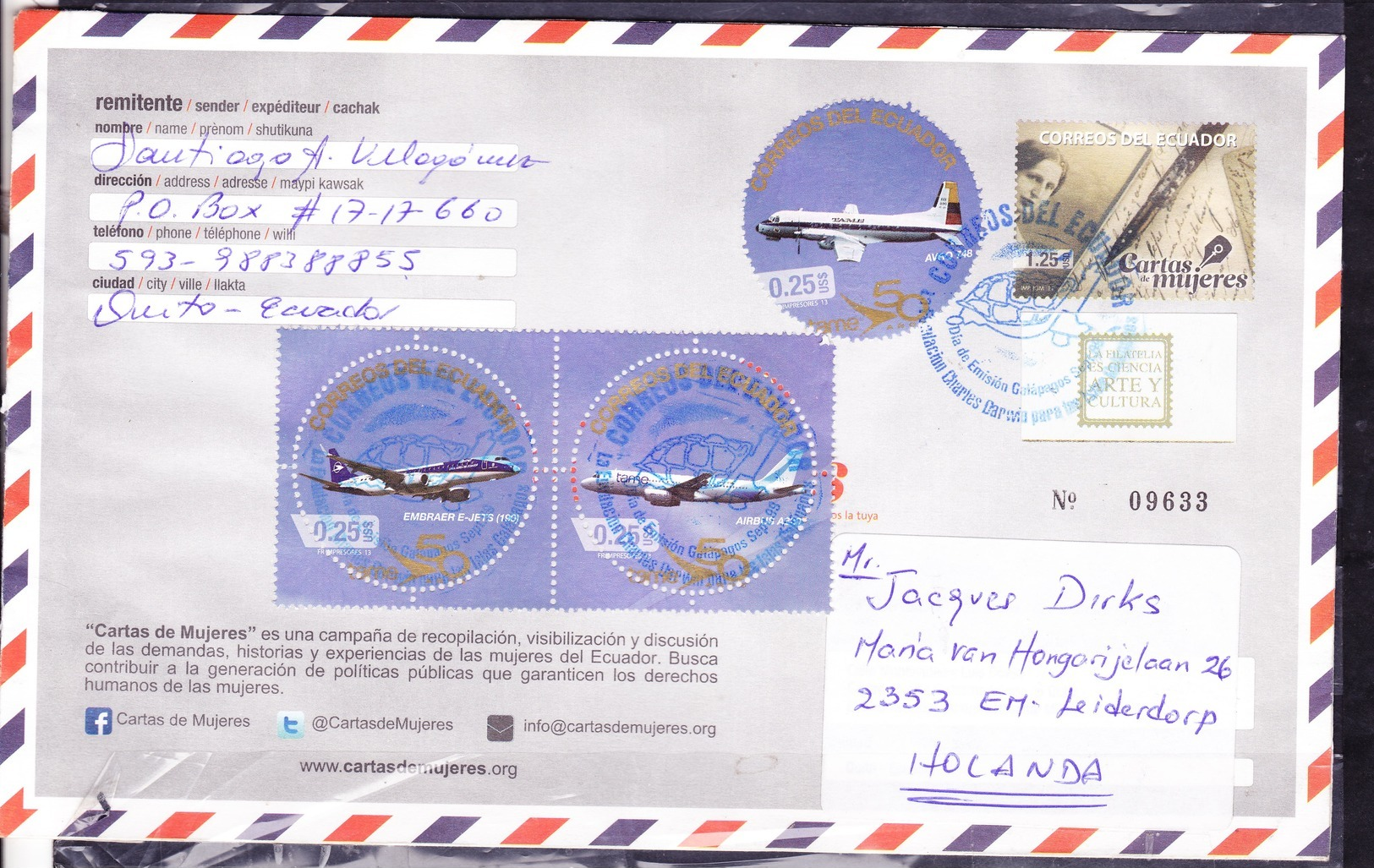 ECUADOR 2013 POSTAL STATIONARY COVER TO NETHERLANDS TAME AIRPLANES EMBRAER E-JETS AIRBUS A-360 AVRO-748 CARTAS DE MUJERE - Flugzeuge