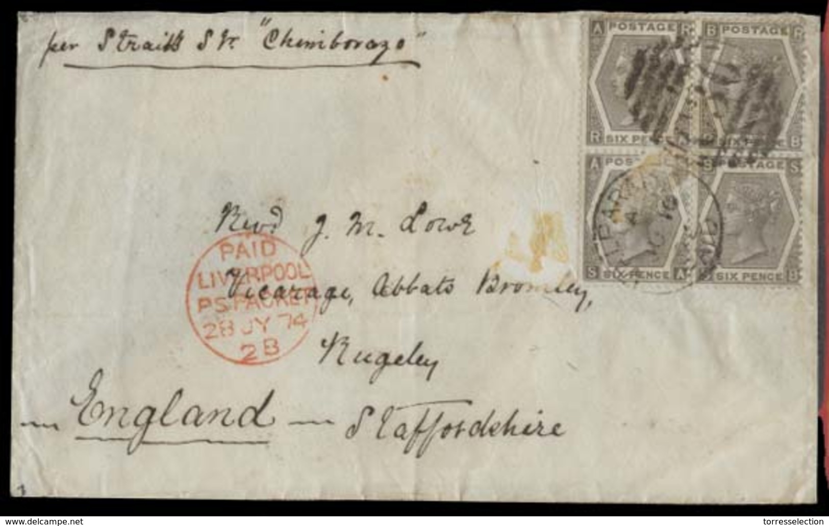 CHILE. 1874 (10 June). BPO Valp - UK / Staffordshire. Env Fkd GB 6d Grey Plate 12 Block Of Four, Tied Cds Valp / Paid / - Chile