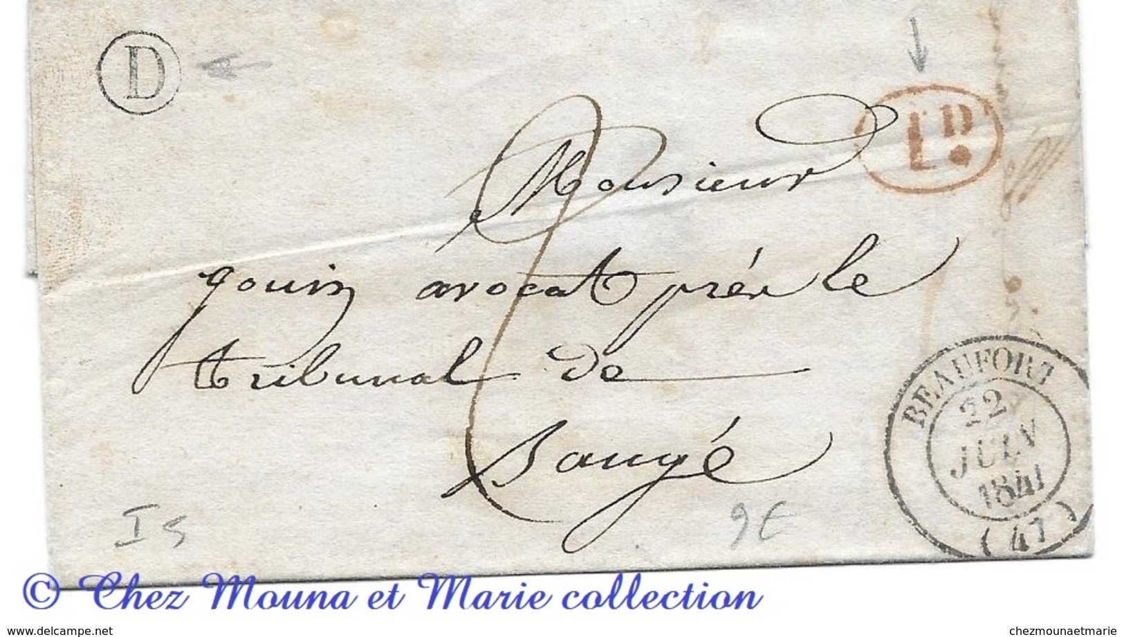 MARQUE POSTALE 1841 BEAUFORT BAUGE TAXE 2 ID ROUGE BOITE RURALE D LSC - 1801-1848: Précurseurs XIX