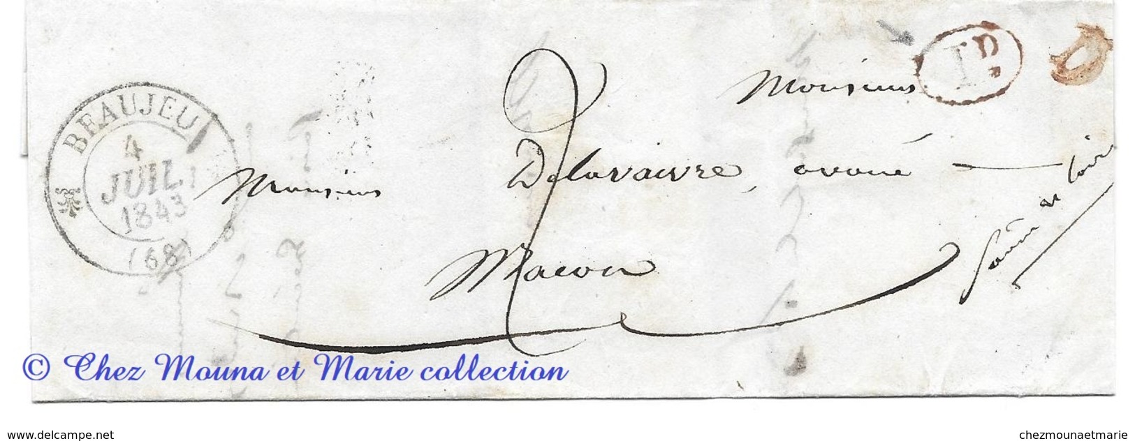 MARQUE POSTALE 1843 BEAUJEU MACON TAXE 2 ID ROUGE BOITE RURALE I LAC LETTRE - 1801-1848: Précurseurs XIX