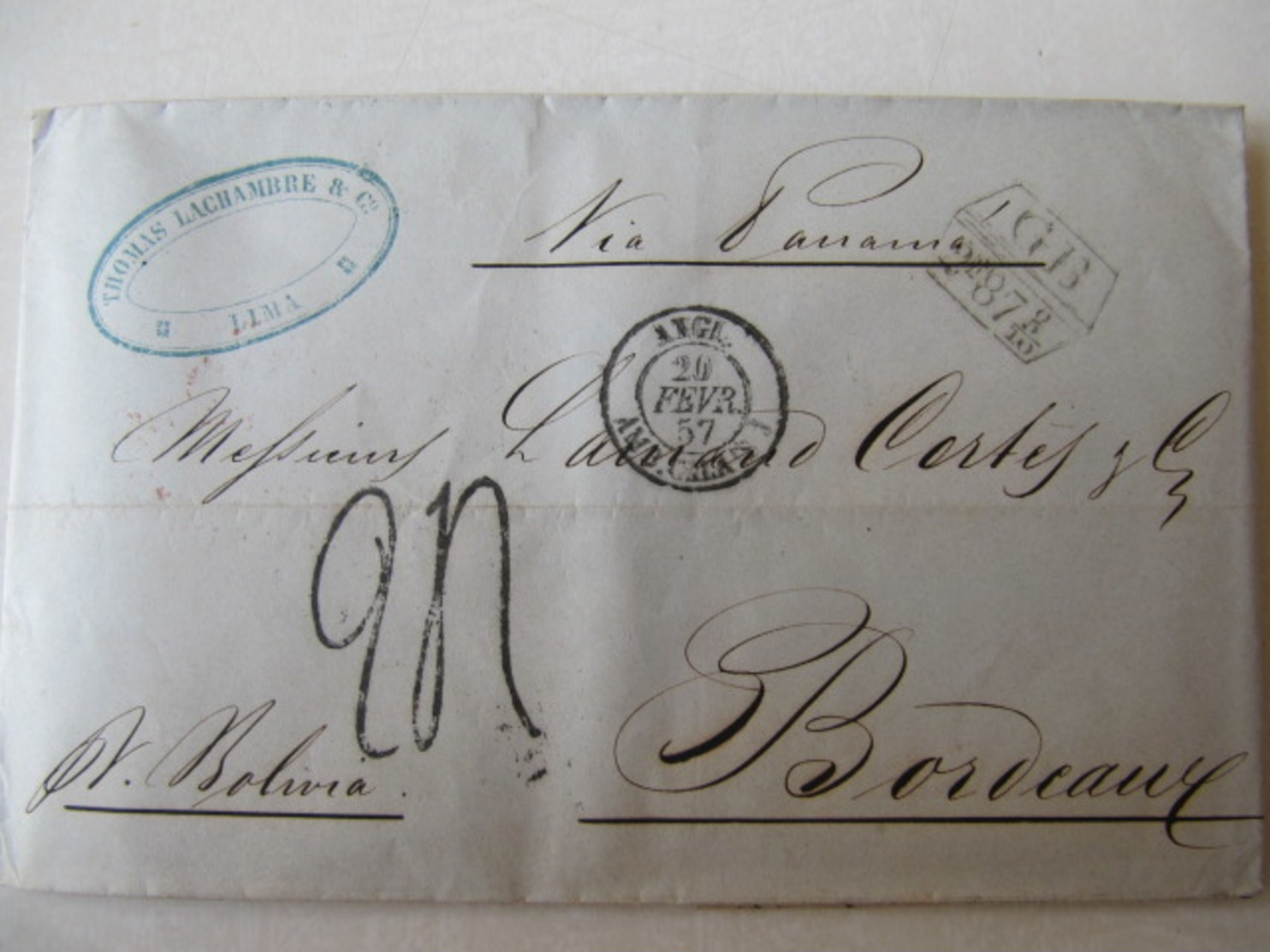 MARQUE POSTALE     LIMA  Vers  BORDEAUX   1857 - 1801-1848: Précurseurs XIX