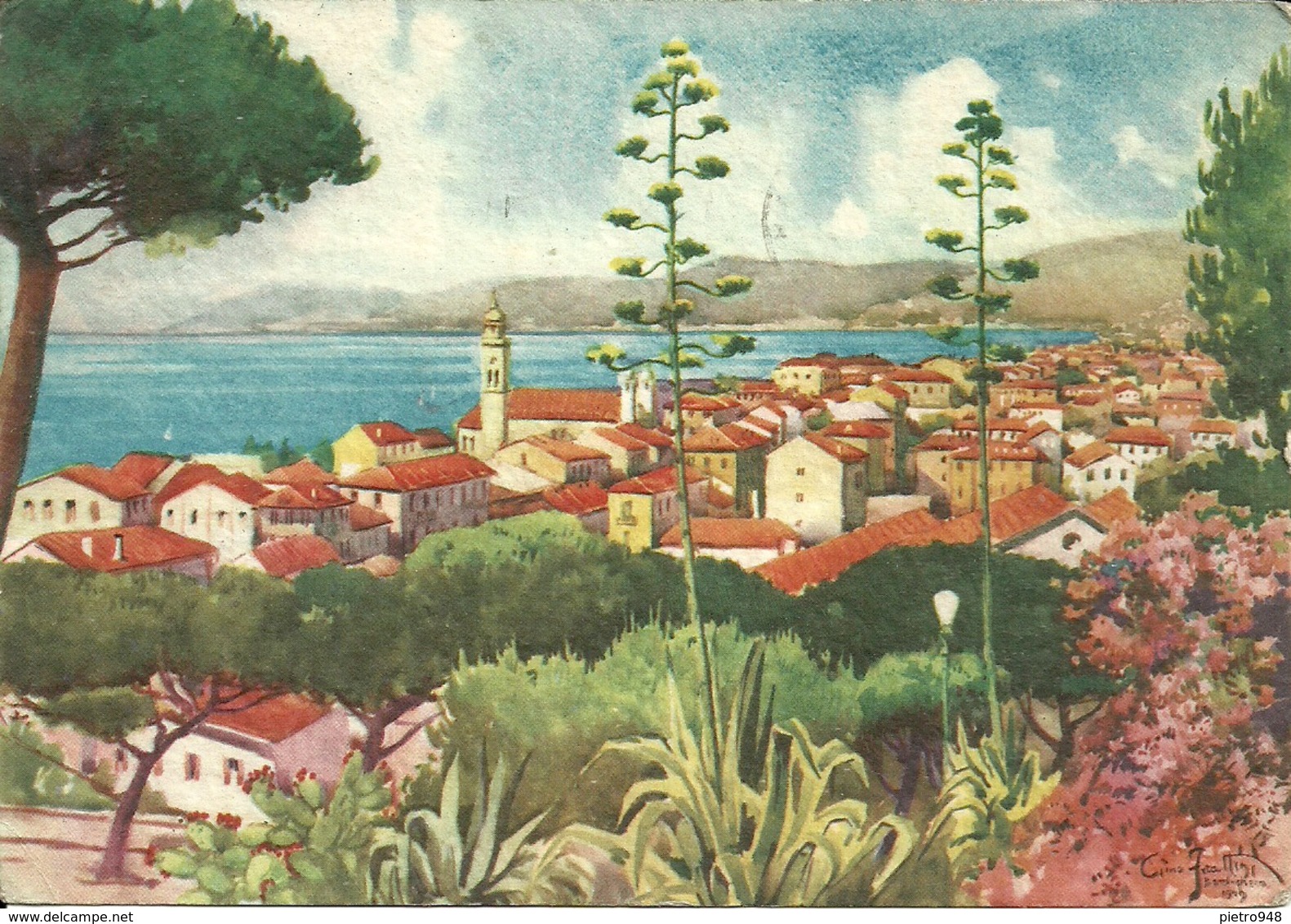 Bordighera (Imperia) Panorama, Illustrazione, Illustratore Gino Frattini 1949 - Imperia