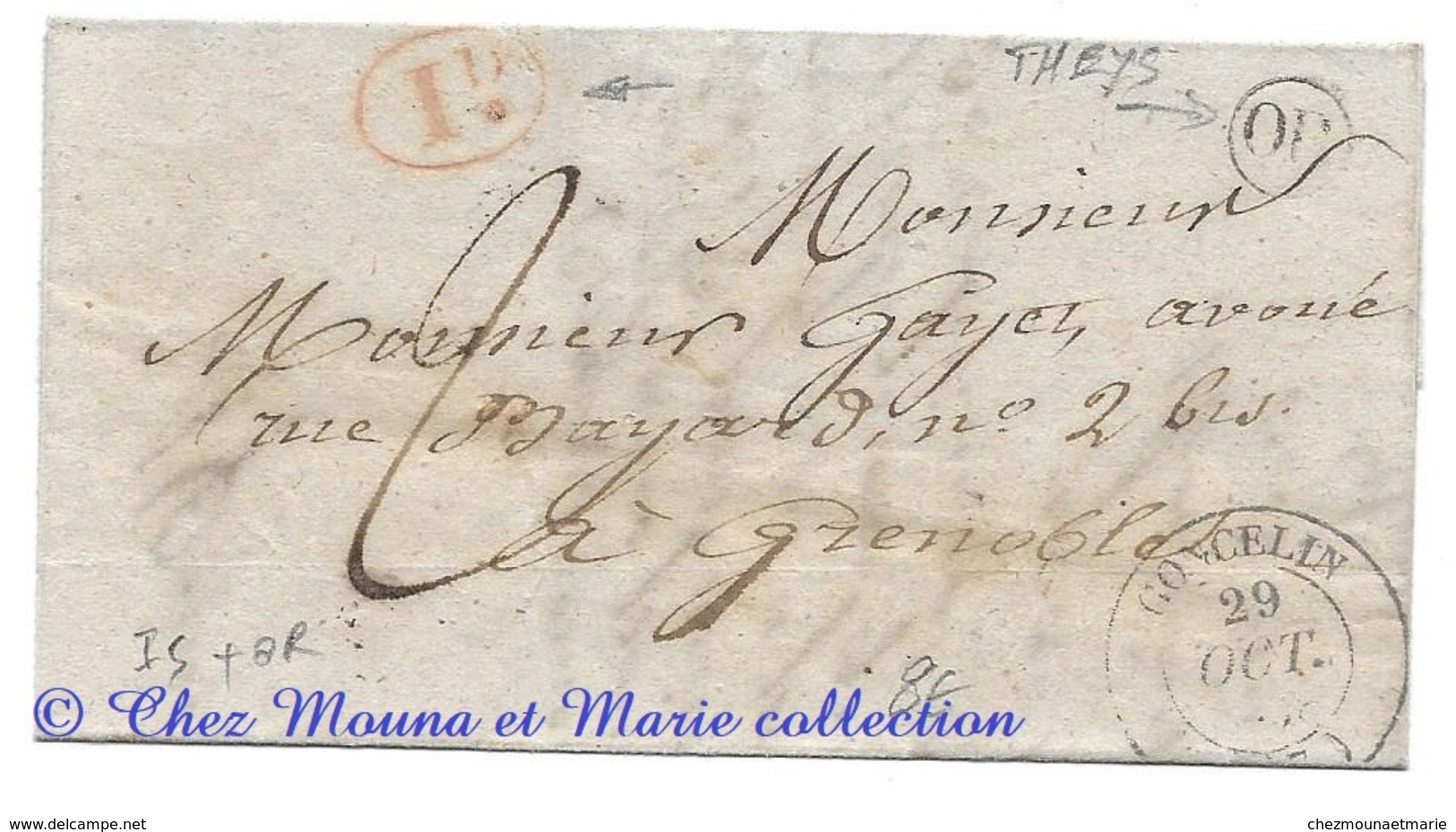 MARQUE POSTALE 1838 GONCELIN GRENOBLE TAXE 2 ID ROUGE OR LAC LETTRE - 1801-1848: Précurseurs XIX