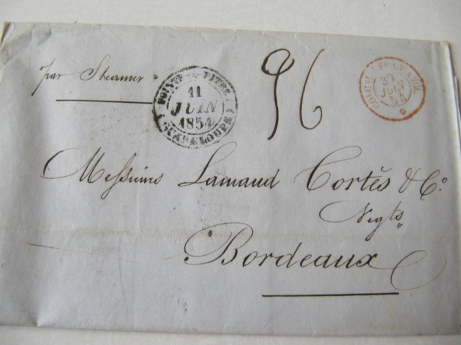 MARQUE POSTALE   LETTRE   POINTE à PITRE   Vers  BORDEAUX   1854 - 1801-1848: Précurseurs XIX