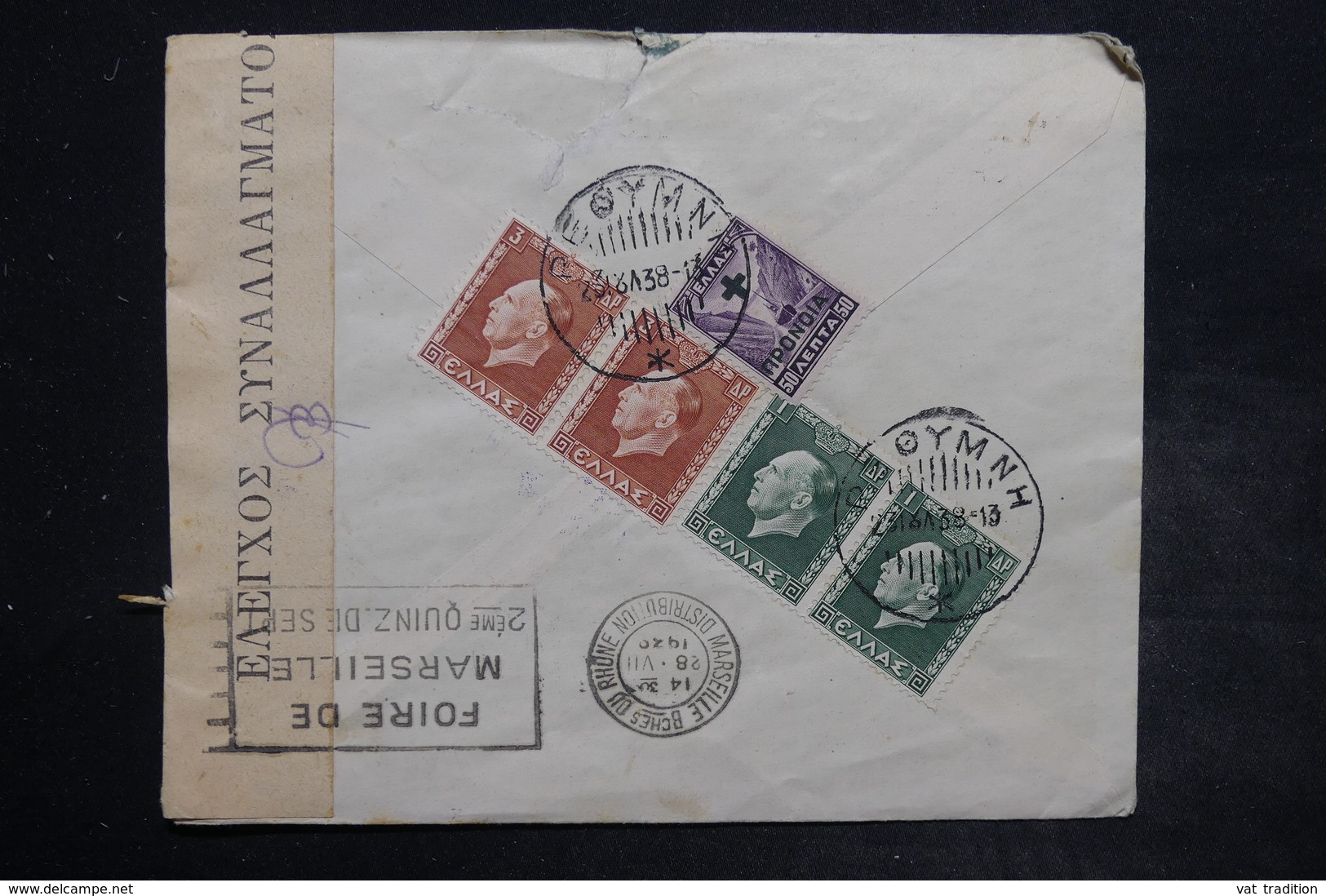 CRÊTE - Enveloppe Commerciale De  Rethymno Pour La France En 1938 , Affranchissement Au Dos , Contrôle Postal - L 26497 - Creta