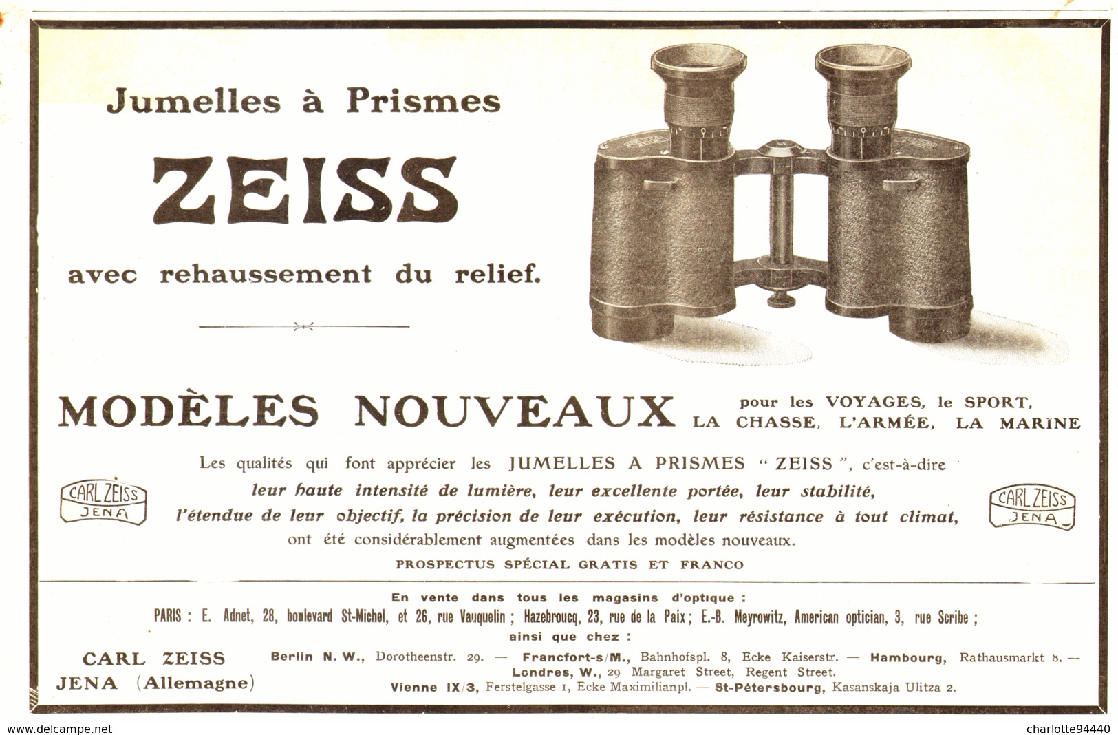 PUB JUMELLES à PRISMES  " ZEISS "   1907 ( 1 ) - Other & Unclassified