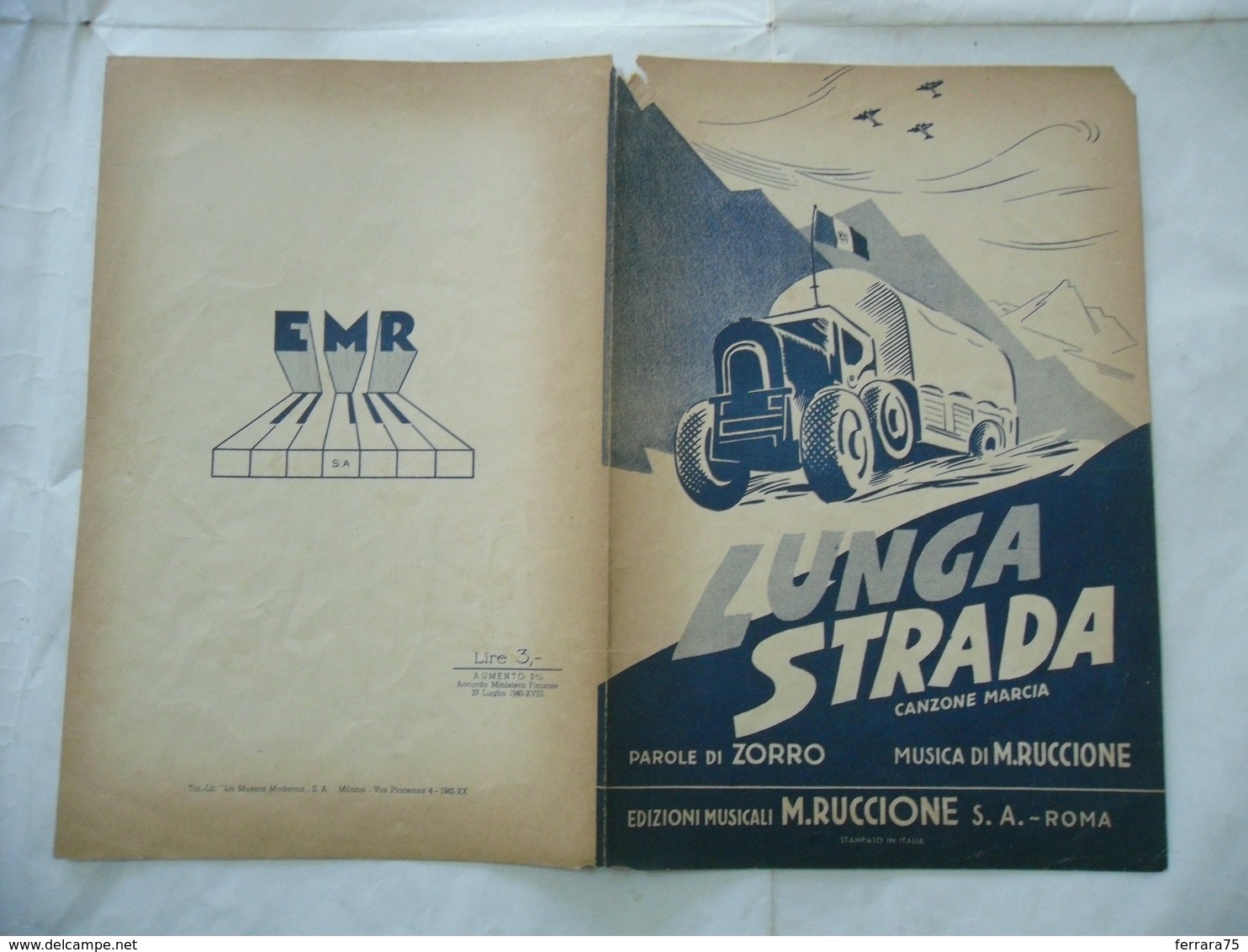 SPARTITO MUSICALE AUTARCHIA AVIAZIONE LUNGA STRADA CANZONE MARCIA RUCCIONE 1942 - Altri & Non Classificati