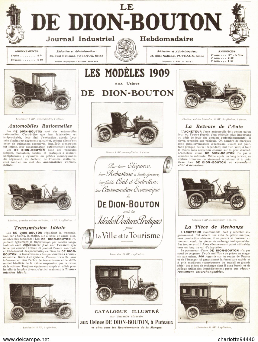 PUB VEHICULES Nouveaux Modeles 1909  " DE DION-BOUTON "  1908 ( 1 ) - Coches