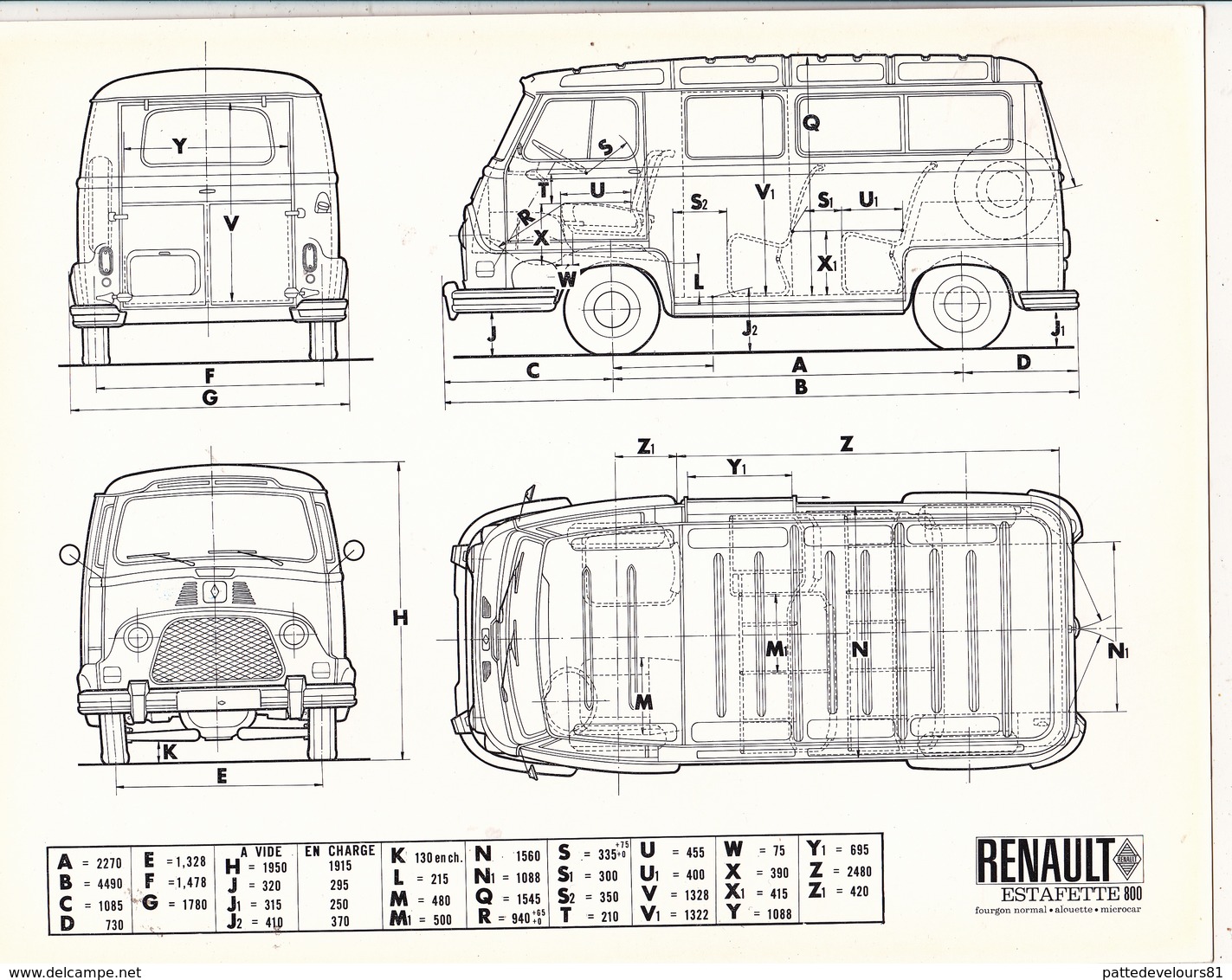 PHOTOGRAPHIE 18x 24 RENAULT ESTAFETTE 800 KG + Côtes + Caractéristiques (4 Pages) Document Régie Renault 3 Scans - Automobiles