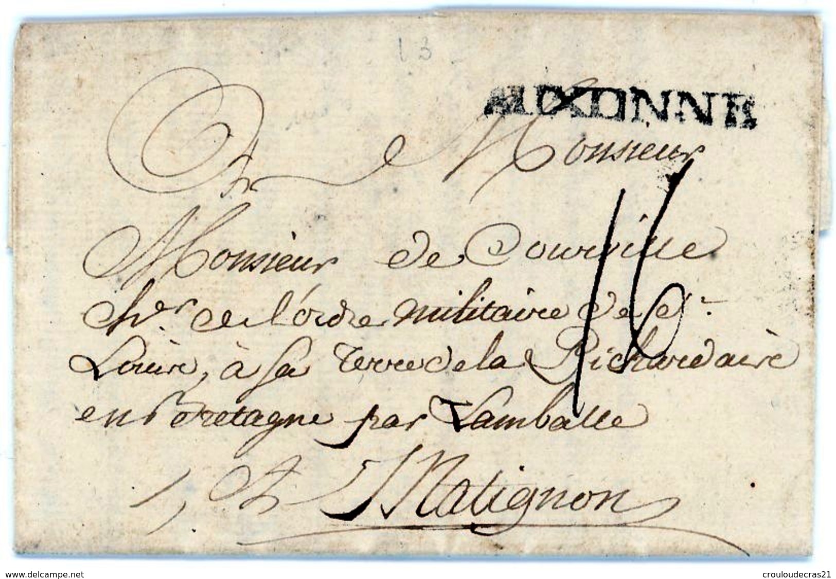 Lettre Avec Correspondance D'AUXONNE (20) Du 17 Septembre 1777 Pour MATIGNON (21) - 1701-1800: Précurseurs XVIII