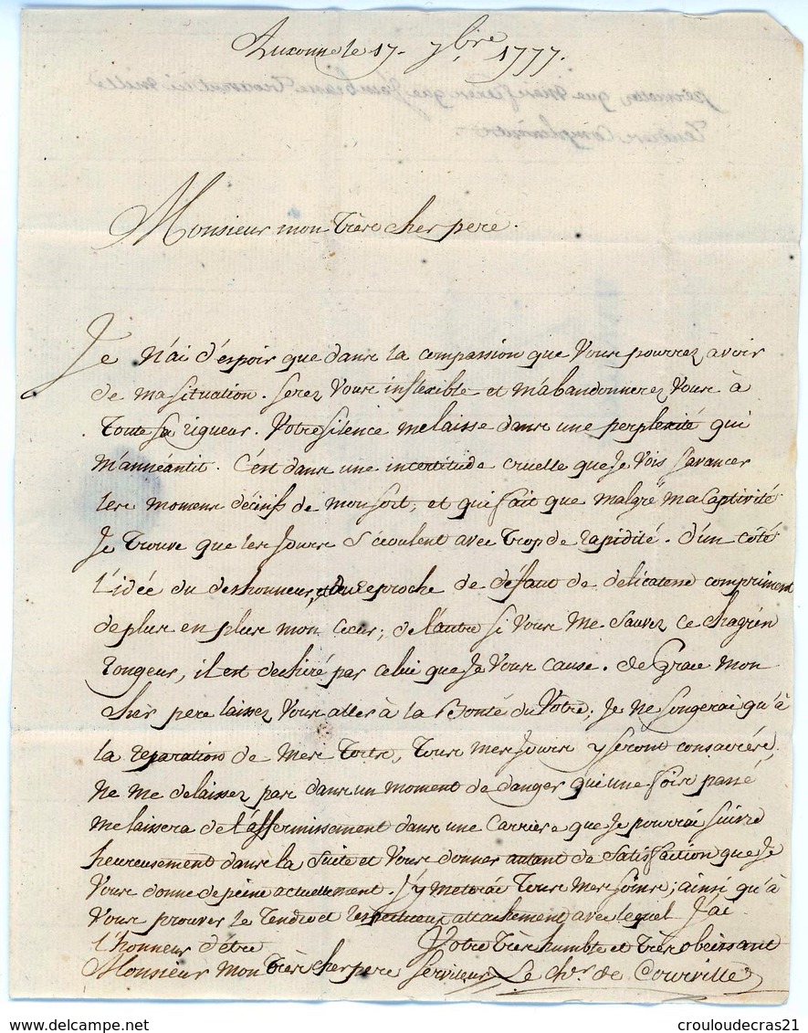 Lettre Avec Correspondance D'AUXONNE (20) Du 17 Septembre 1777 Pour MATIGNON (21) - 1701-1800: Précurseurs XVIII