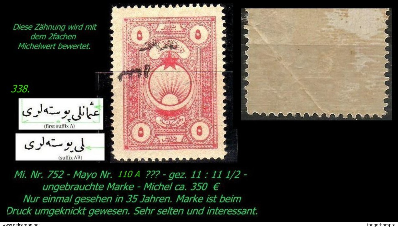 EARLY OTTOMAN SPECIALIZED FOR SPECIALIST, SEE...Mi. Nr. 752 - Mayo 110 A -sehr Seltene Abart -RRR- - 1920-21 Anatolia