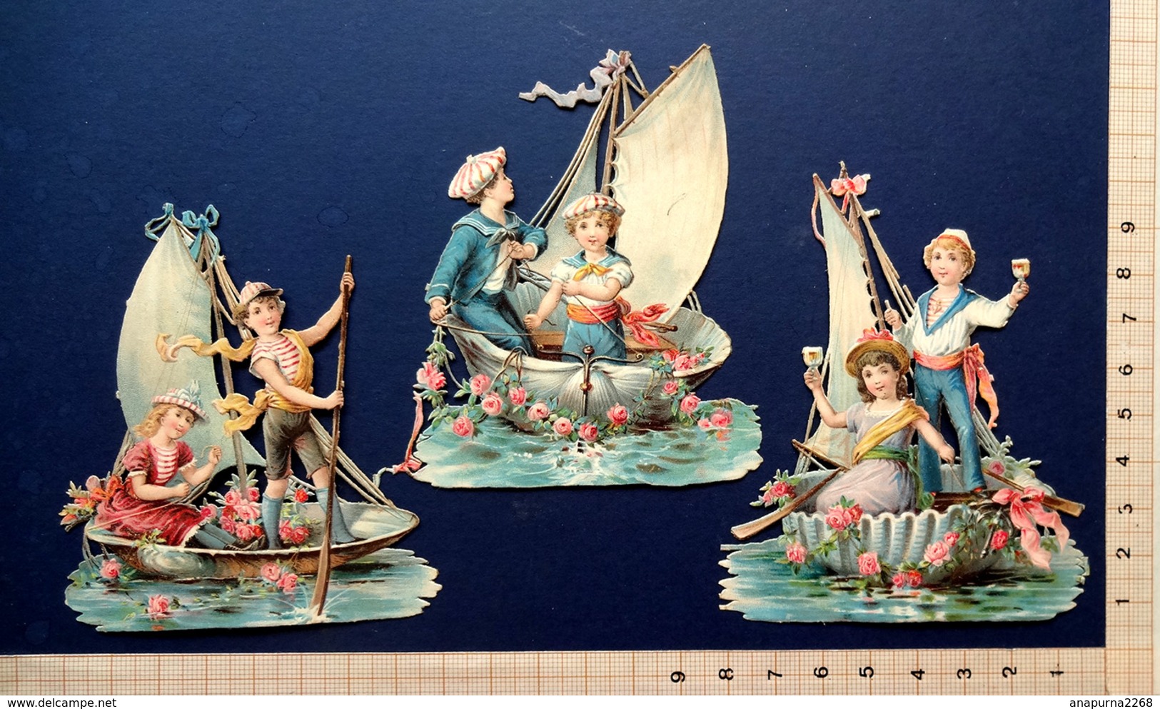 3 CHROMOS.... VICTORIAN SCRAP ...... ENFANTS MARINS NAVIGUANT SUR UN COQUILLAGE TRANSFORME EN BARQUE - Children