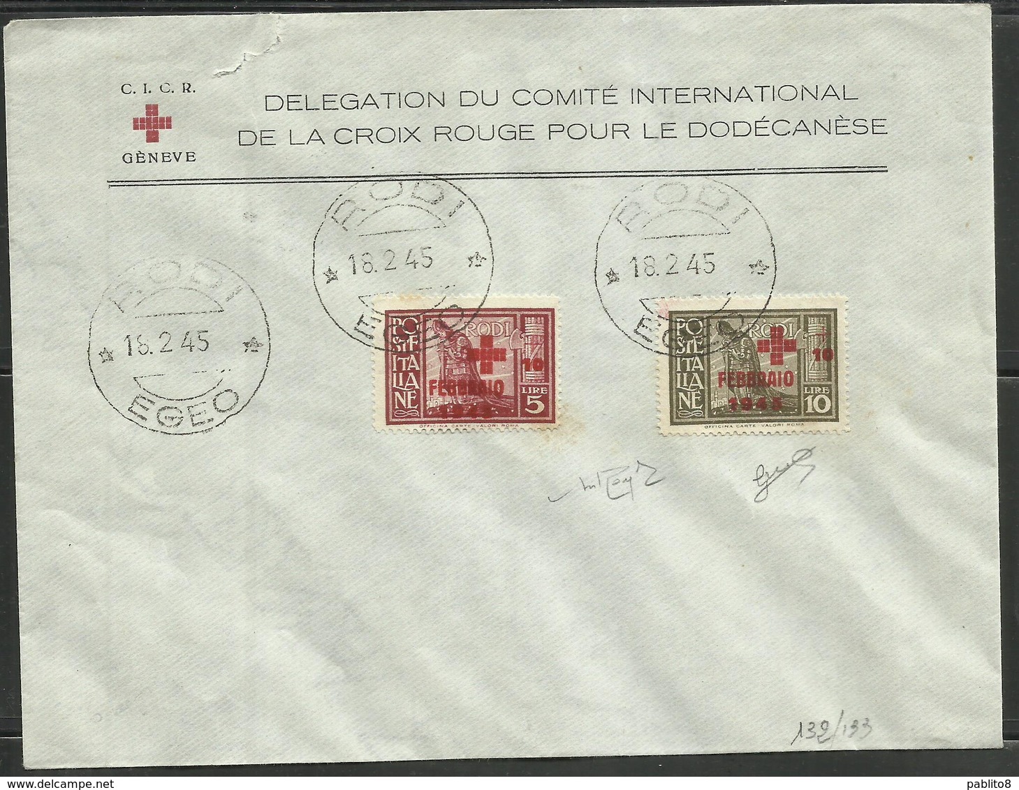 EGEO 1945 PRO CROCE ROSSA SOPRASTAMPATI PITTORICA OVERPRINTED SERIE COMPLETA RED CROSS SET SU BUSTA COVER FIRMATO SIGNED - Egeo (Occup. Tedesca)