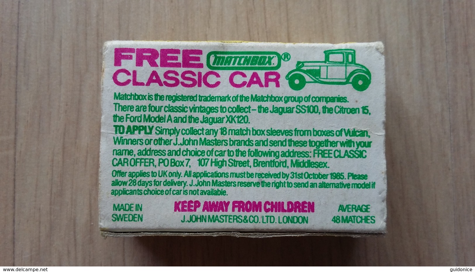Zündholzschachtel Aus Großbritannien Von 1985 ("Vulcan Matches") Mit Werbung Für MATCHBOX-Autos - Zündholzschachteln