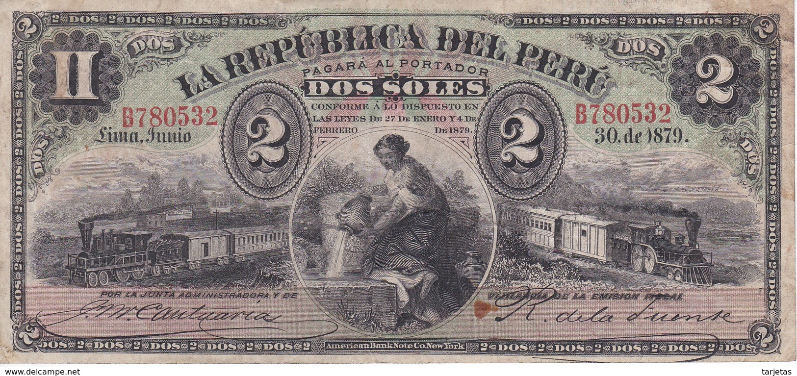 BILLETE DE PERU DE 2 SOLES DEL AÑO 1879 (BANKNOTE) TREN-TRAIN-ZUG - Peru