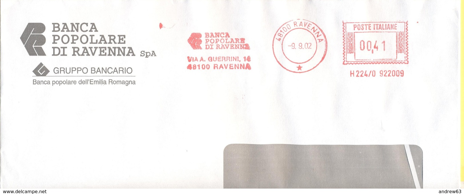 ITALIA - ITALY - ITALIE - 2002 - 00,41 EMA, Red Cancel - Banca Popolare Di Ravenna - Viaggiata Da Ravenna - Macchine Per Obliterare (EMA)