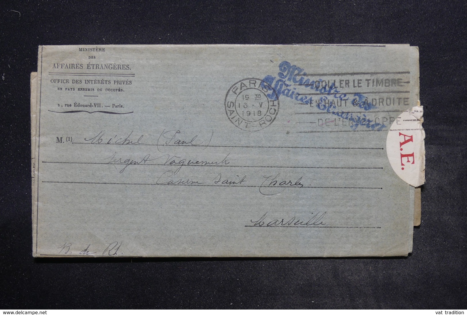 FRANCE - Lettre Du Ministère Des Affaires Etrangères  Pour Un Soldat à Marseille En 1918 - L 26544 - 1921-1960: Période Moderne