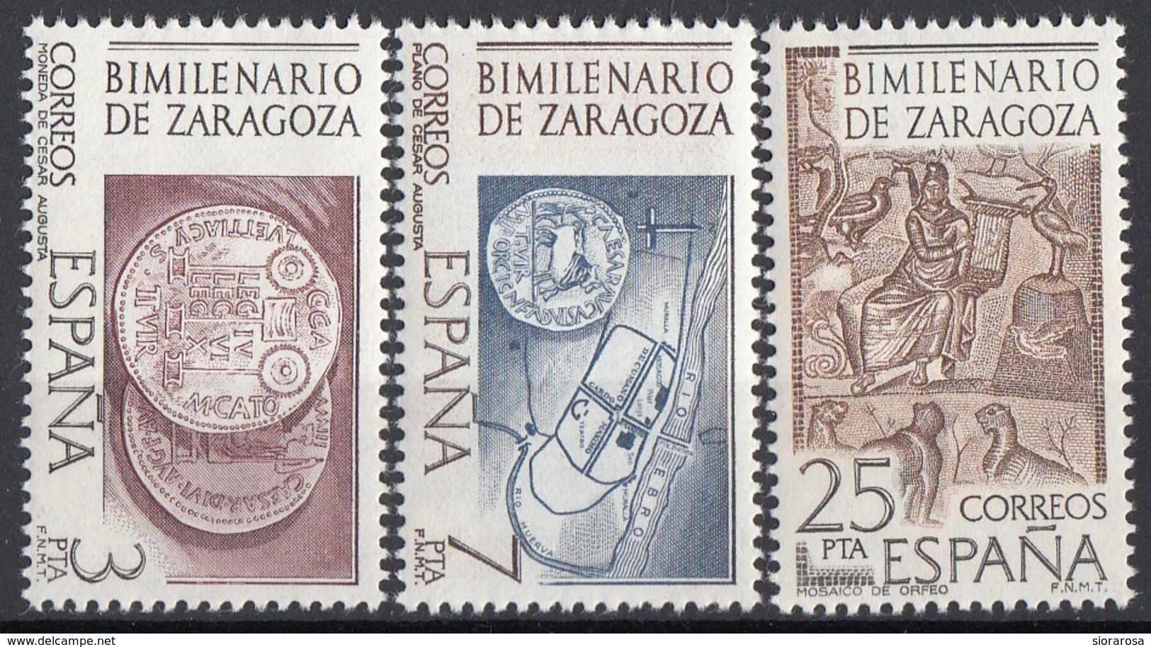 Spagna 1976 Sc. 1944/1946 Bimillenario Zaragoza Coin Of Caesr - Ebro - Mosaico Orfeo  Nuovo Full Set  MNH Spain Espana - Archeologia