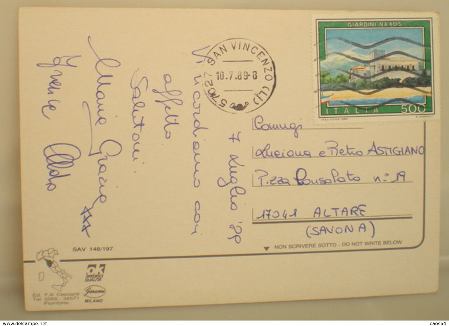 1989 Italia Storia Postale TURISTICA GIARDINI NAXOS Lire 500 Su Cartolina - 1981-90: Storia Postale