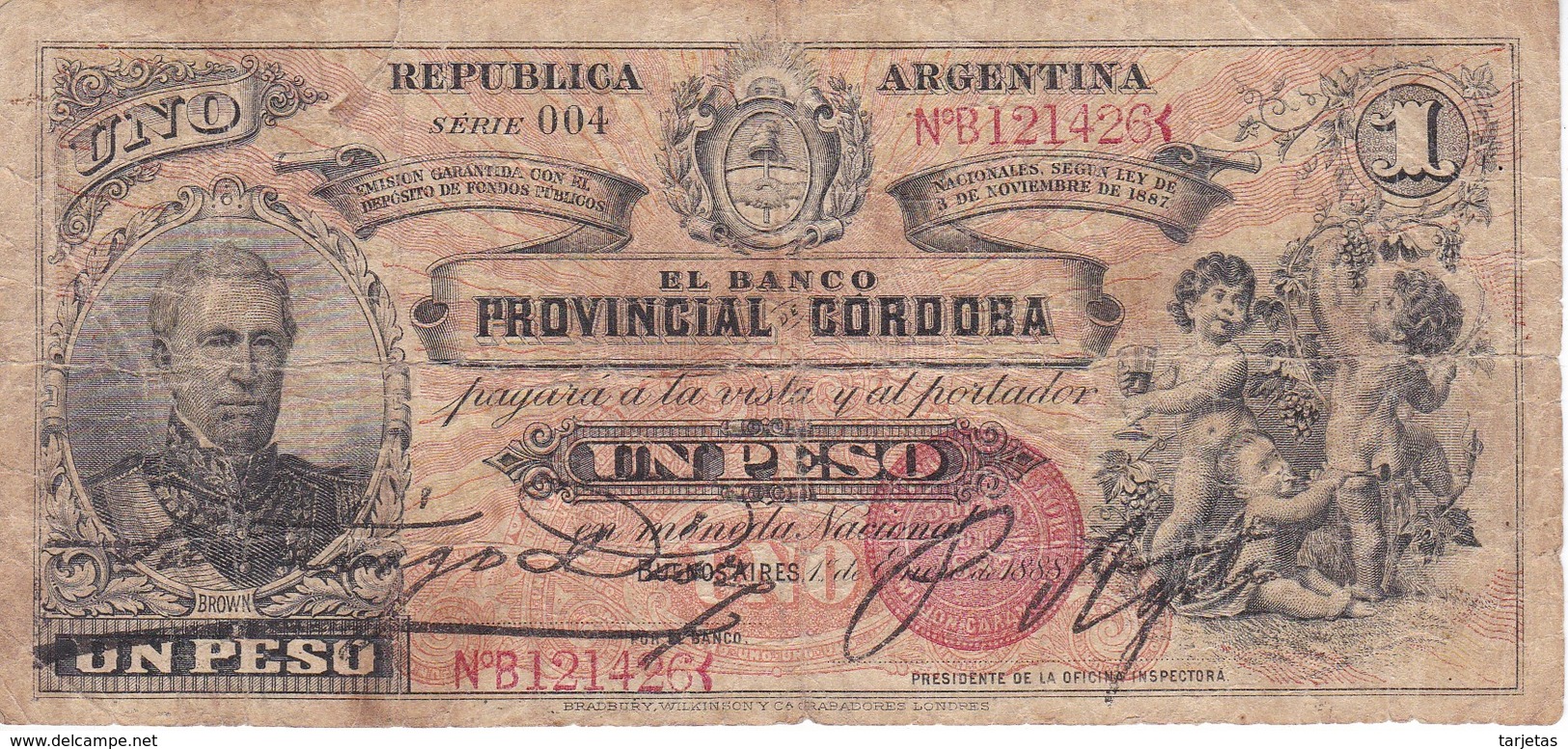 BILLETE DE ARGENTINA DE 1 PESO DEL BANCO PROVINCIAL DE CORDOBA DEL AÑO 1888  (BANKNOTE) - Argentina