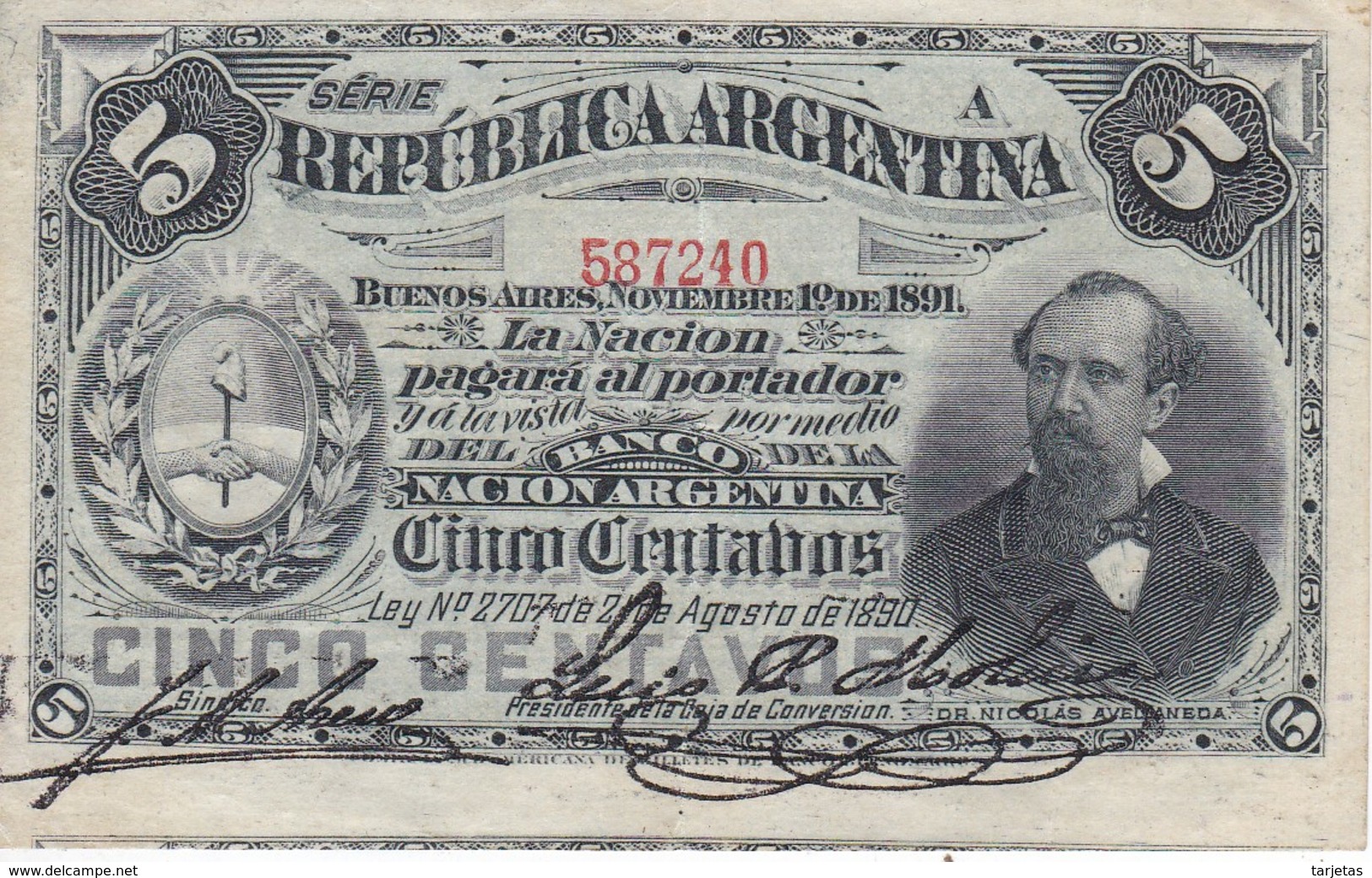 BILLETE DE ARGENTINA DE 5 CENTAVOS DEL AÑO 1891  (BANKNOTE) - Argentina