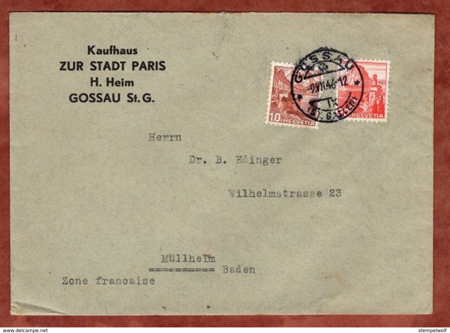 Vordruckbrief Kaufhaus Stadt Paris, MiF Landschaften, Gossau Nach Muellheim 1946 (71639) - Lettres & Documents