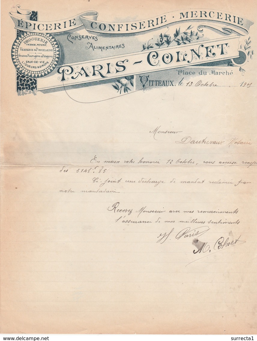 Facture 1905 / PARIS COLNET / Epicerie Mercerie Confiserie / 21 Vitteaux / Côte D' Or - 1900 – 1949