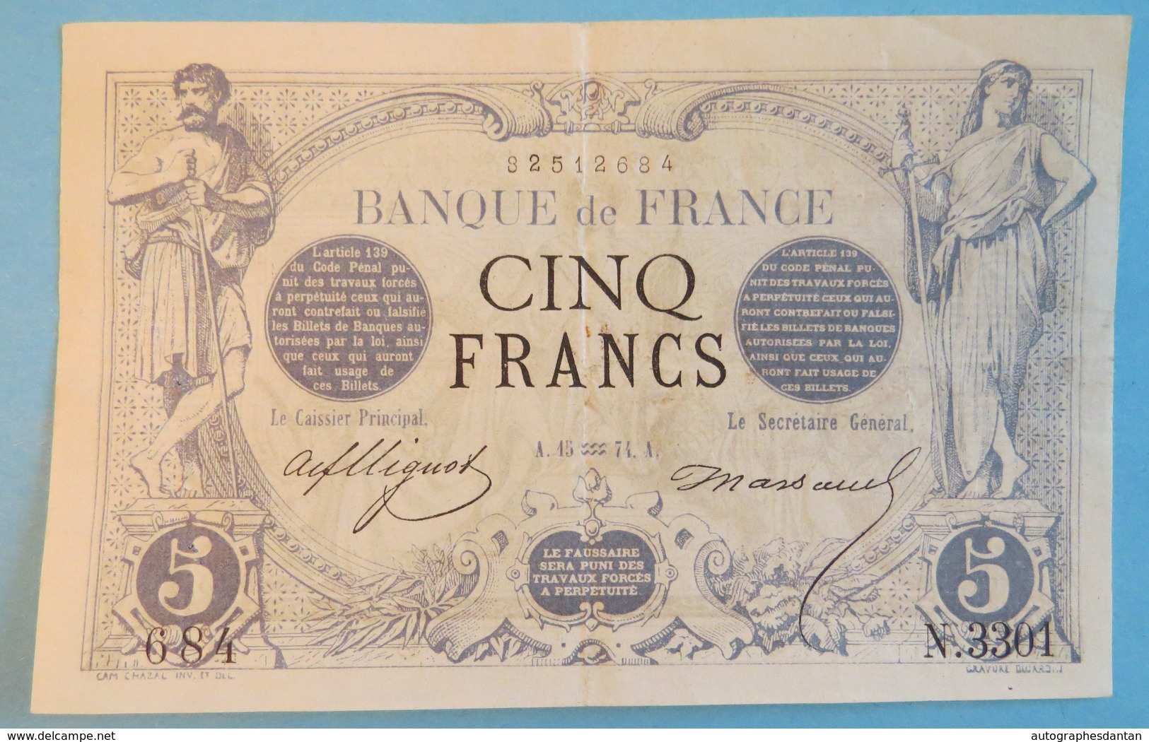 Rare Billet 5 Cinq Francs Noir De 1874 - N 3301 - Verseau - Banque De France - 684 - Type 1871 Fayette N°1 - Cf 2 Photos - 5 F 1871-1874 ''Noir''