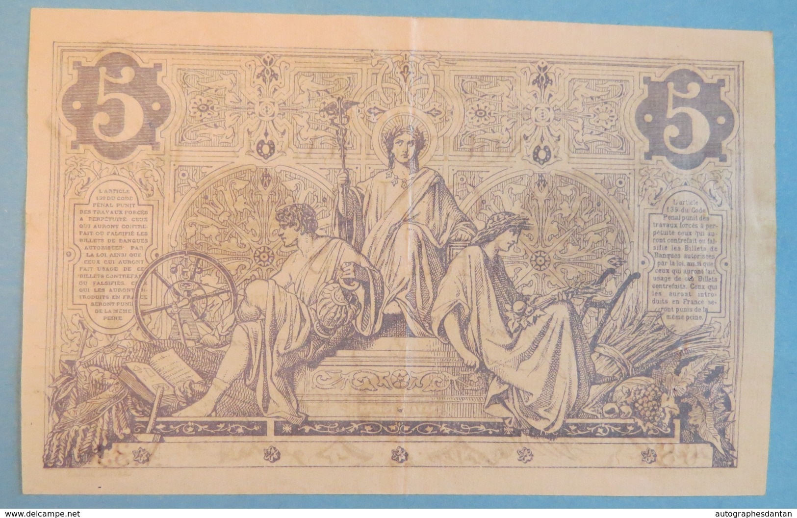 Rare Billet 5 Cinq Francs Noir De 1874 - N 3301 - Verseau - Banque De France - 684 - Type 1871 Fayette N°1 - Cf 2 Photos - 5 F 1871-1874 ''Noir''