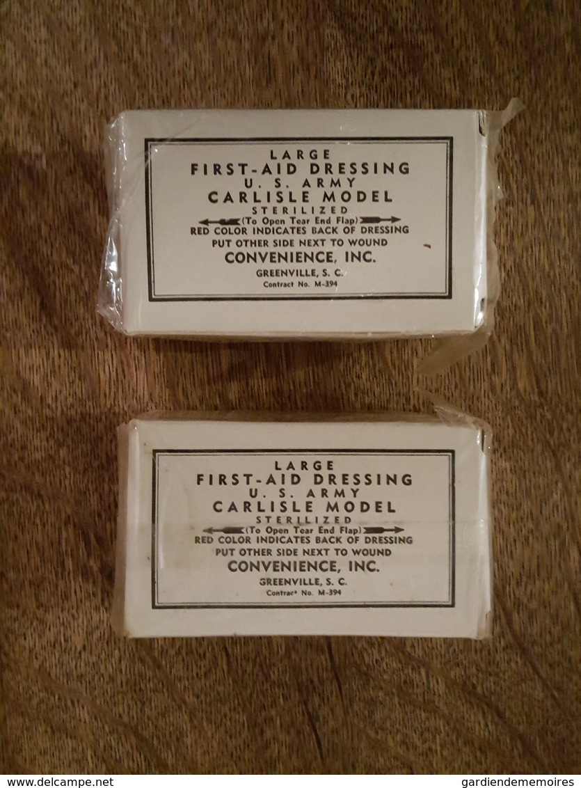 2 Boites Encore Scellée - WW2 Pansement US Army - Large First Aid Dressing, Carlisle Model (Jeep) Convenience Greenville - Equipement