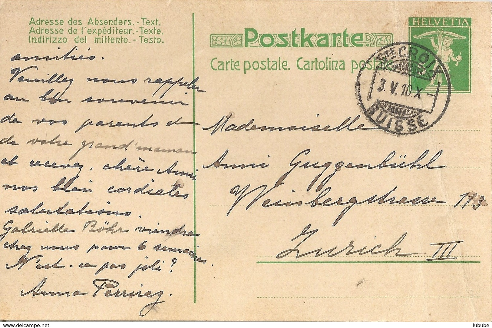 PK 41  Ste.Croix Suisse - Zürich            1910 - Entiers Postaux