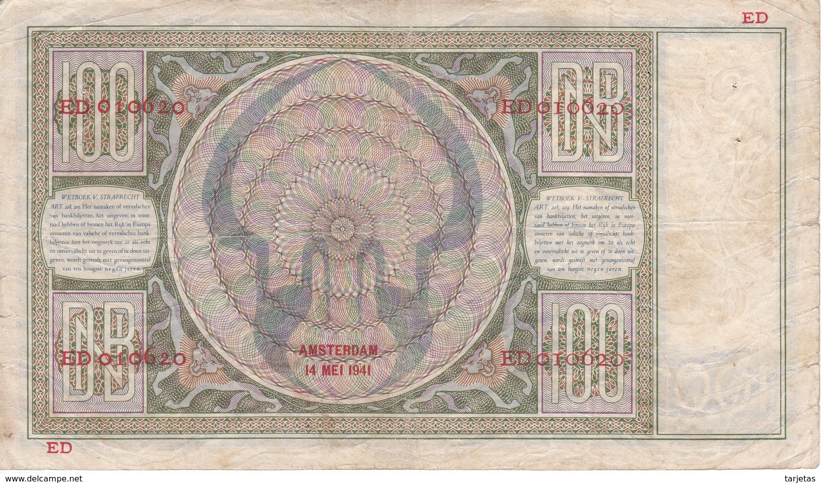 BILLETE DE HOLANDA DE 100 GULDEN DEL AÑO 1941 (BANKNOTE) - 100 Florín Holandés (gulden)