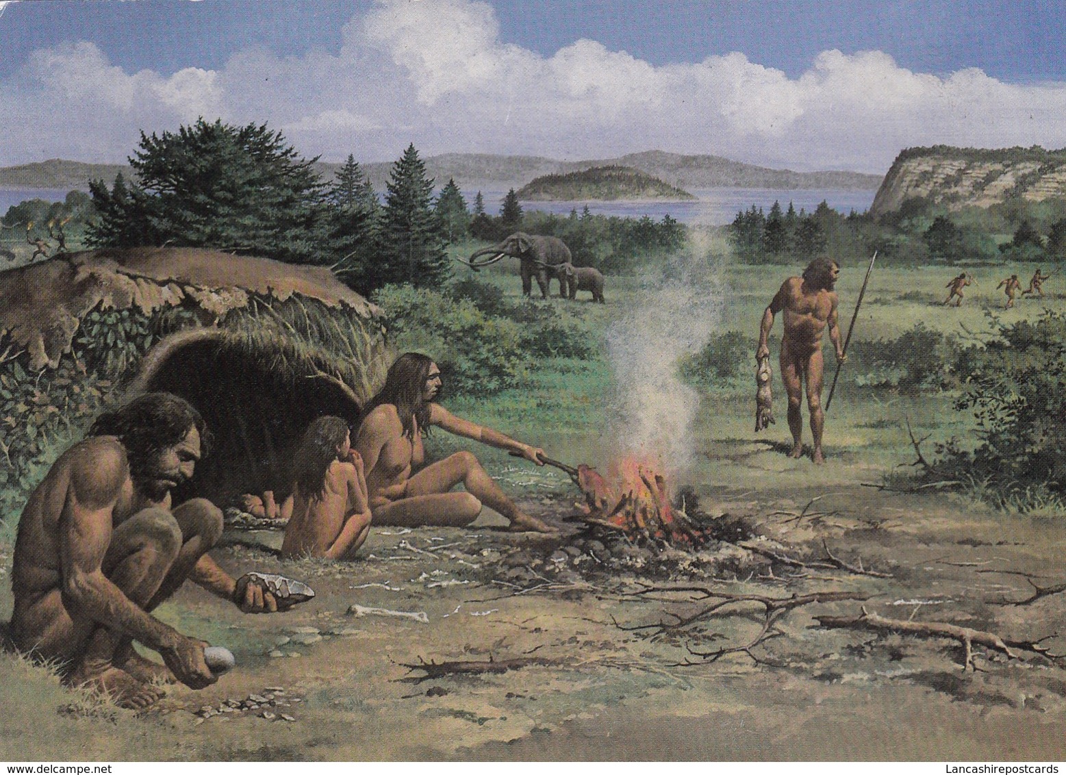 Postcard Hunting Scene 250,000 BC Flint Knapping In Foreground National Museum Of Wales My Ref  B23503 - History