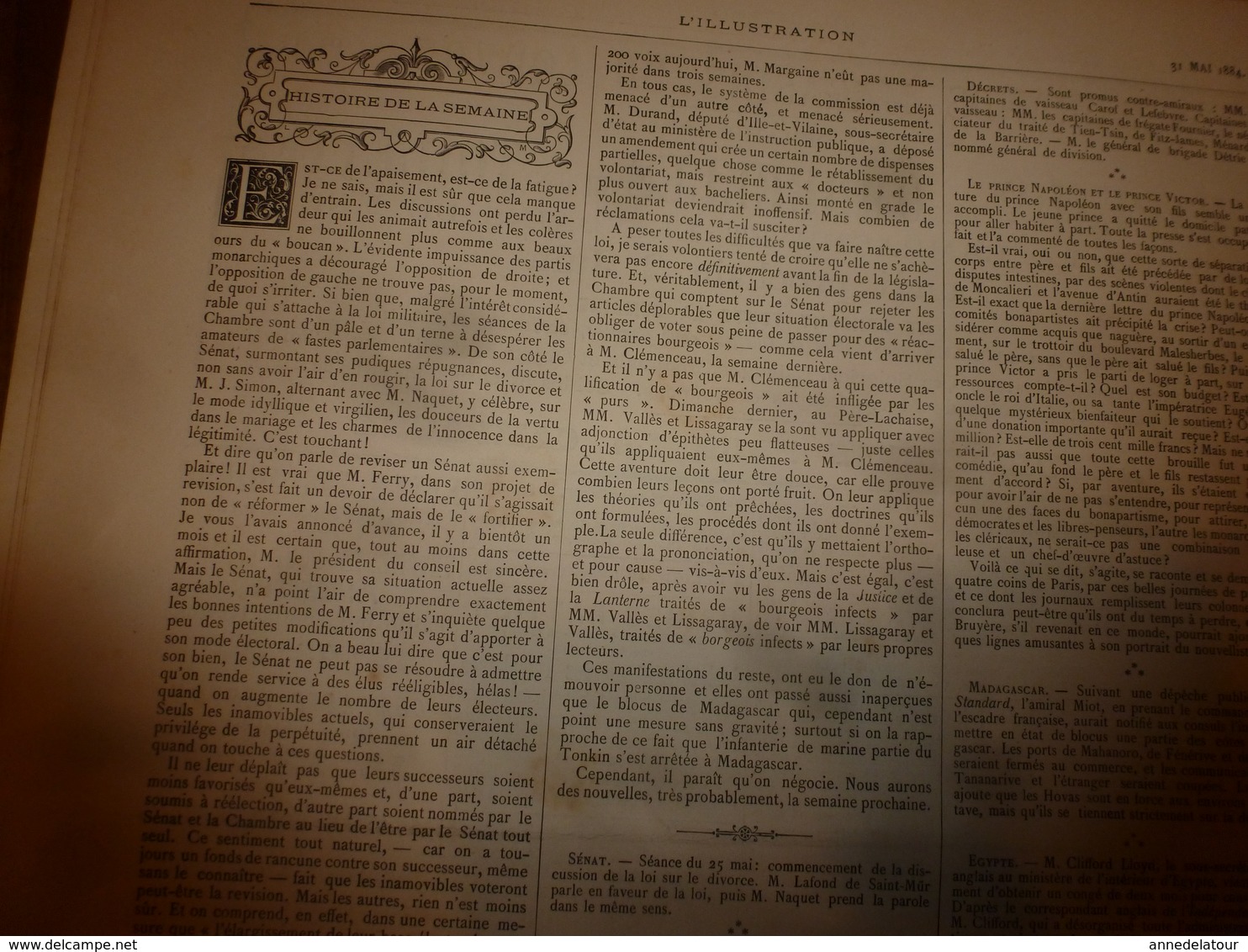 1884 L'ILLUSTRATION: Pasteur et la rage; Place de Bruxelles;Pelesh(Roum);Expo Meissonier;Fête des félibres à Sceaux;etc