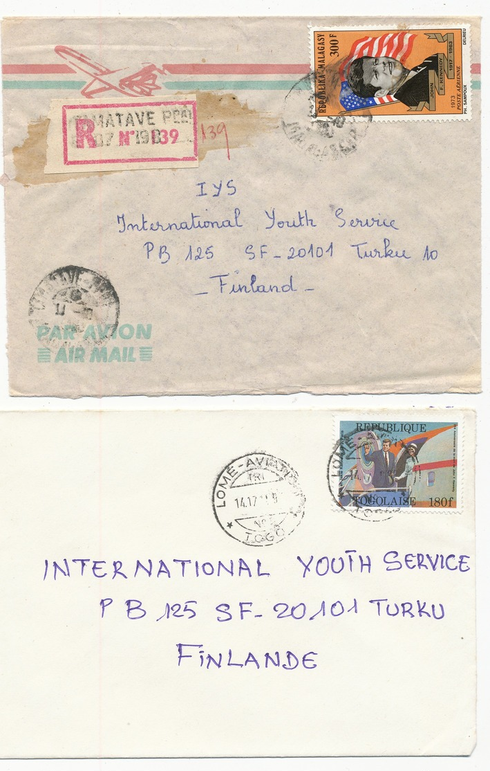 Madagascar 1983 Togo 1989 President John F Kennedy Stamp On 2 Cover To Finland - Kennedy (John F.)