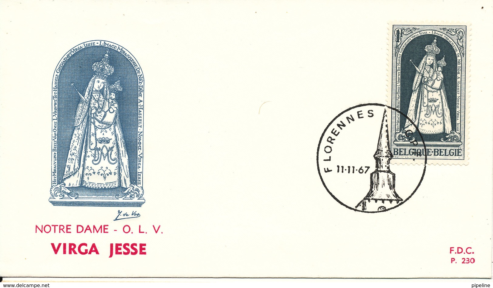 Belgium FDC Florennes11-11-1967 Notre Dame Virga Jesse With Cachet - 1961-1970