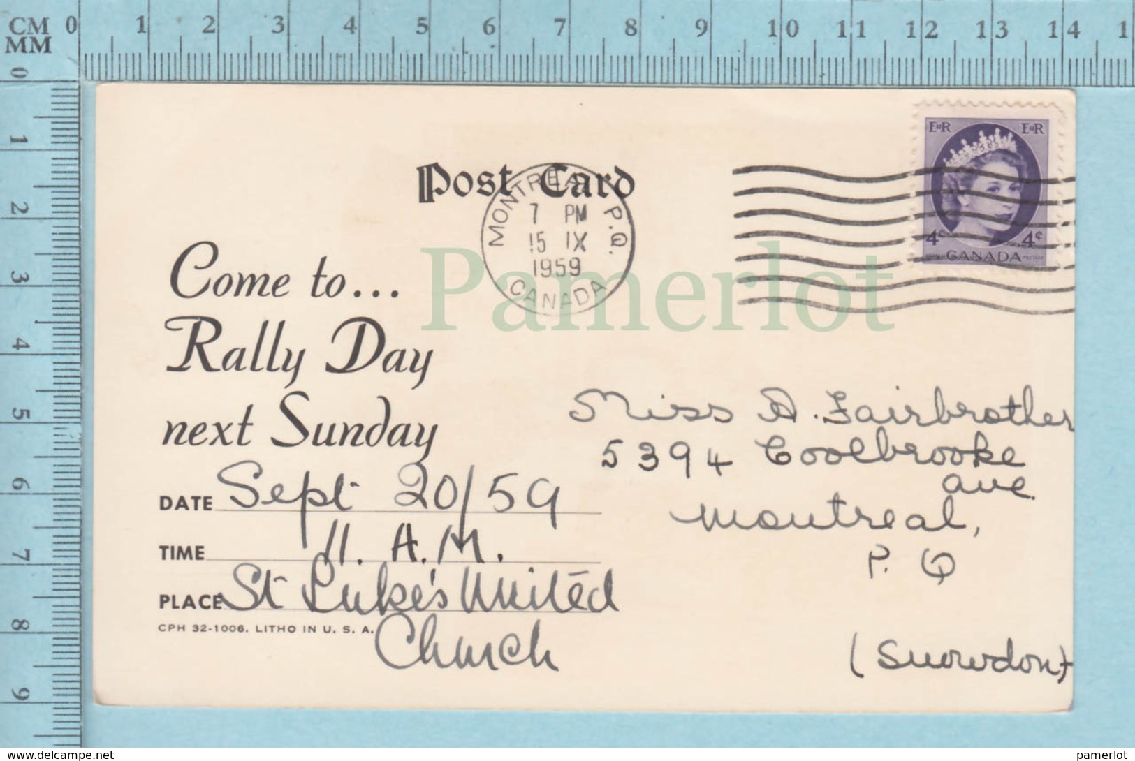 Carte Postale - Come To Rally Day - Used Voyagé En 1959 + CND Stamp, Cover Montreal Quebec - Autres & Non Classés