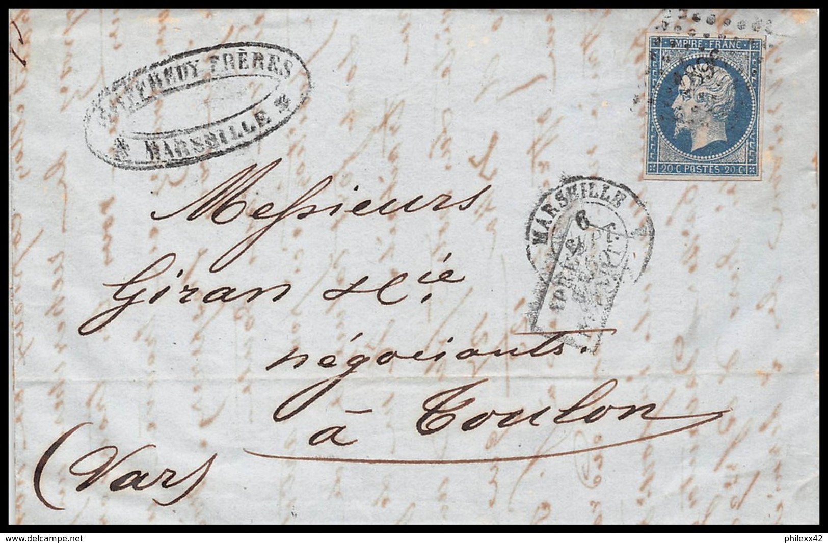 6688 Lac Lettre Cover Bouches Du Rhone Marseille 4ème N°14 B Napoléon PC 1896 Pour Toulon Après Le Départ 1860 - 1849-1876: Période Classique