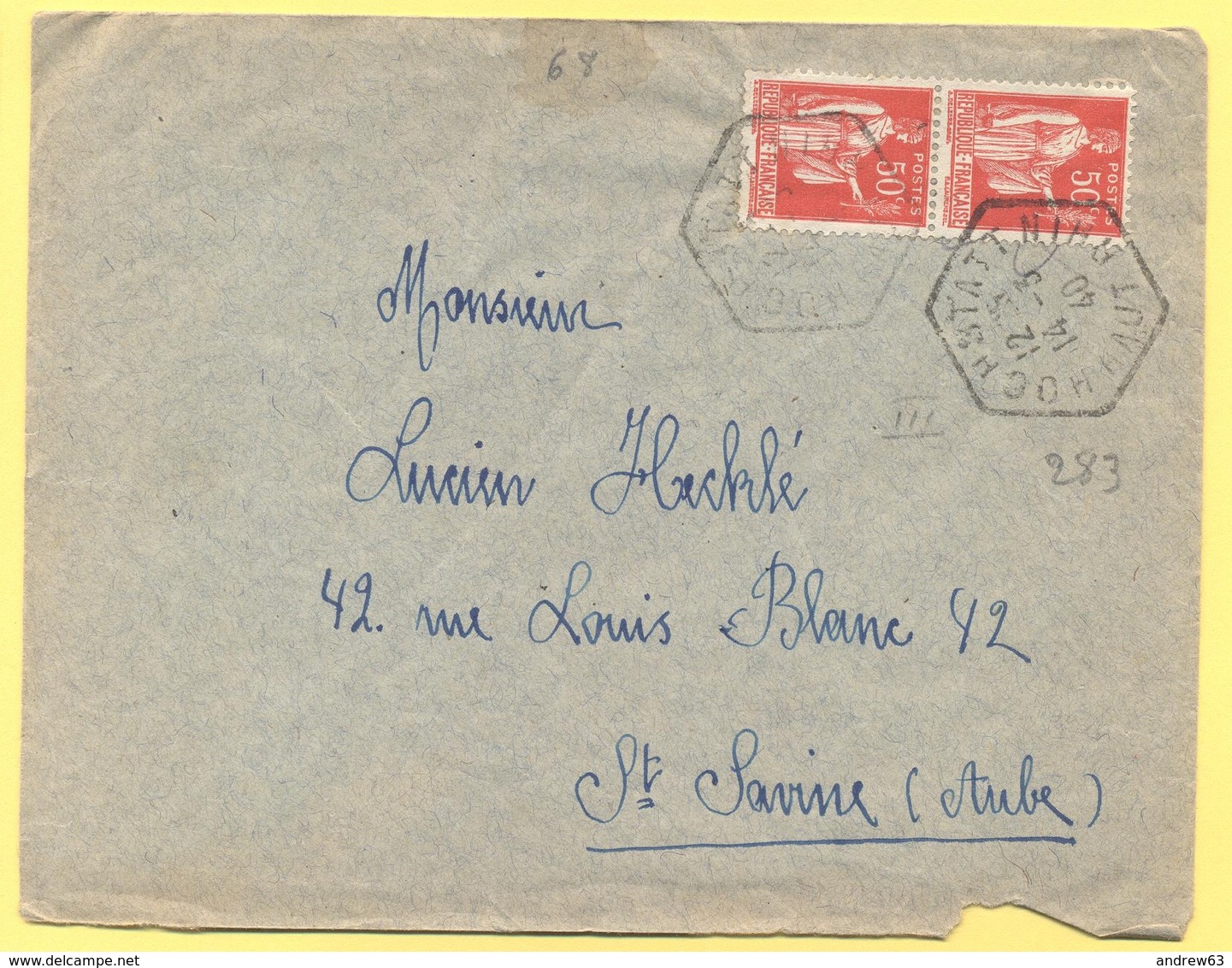 FRANCIA - France - 1940 - 2 X 50c Paix + Cachet Hexagonal - Viaggiata Da Hochstatt Per Sainte-Savine - Storia Postale