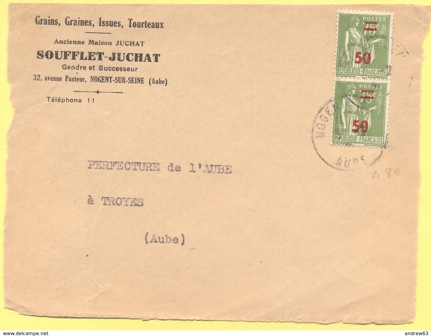 FRANCIA - France - 1941 - 2 X 75c Surchargé 50c Paix - Big Fragment - Soufflet-Juchat - Viaggiata Da Nogent-sur-Seine Pe - Storia Postale