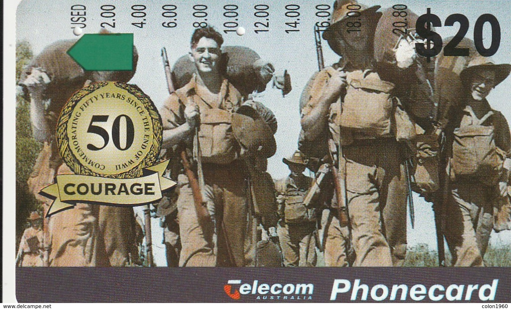 TARJETA TELEFONICA DE AUSTRALIA. AVIONES. 50 Years Since The End Of World War II/Courage. AUS-M-281. (089). - Army