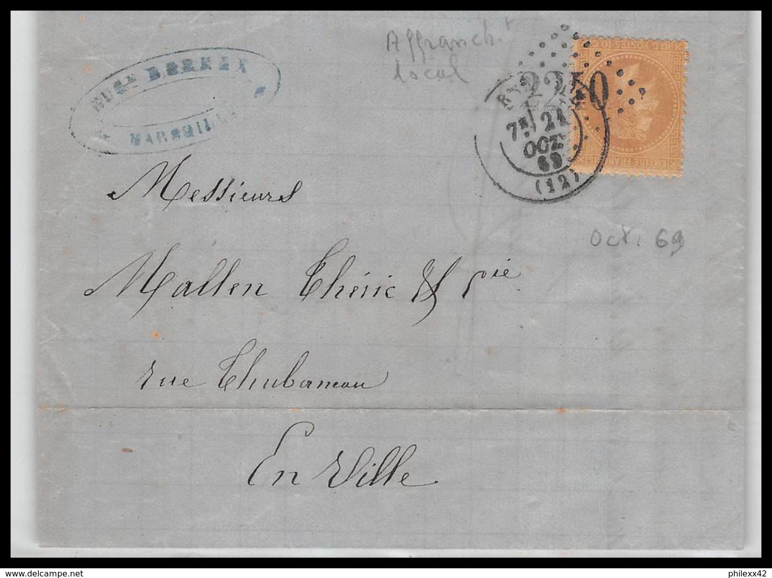 LAC Lettre-0244 Bouches Du Rhone Marseille Napoléon N°28 T1 TB GC 2240 21/10/1869 Pour Marseille - 1849-1876: Période Classique